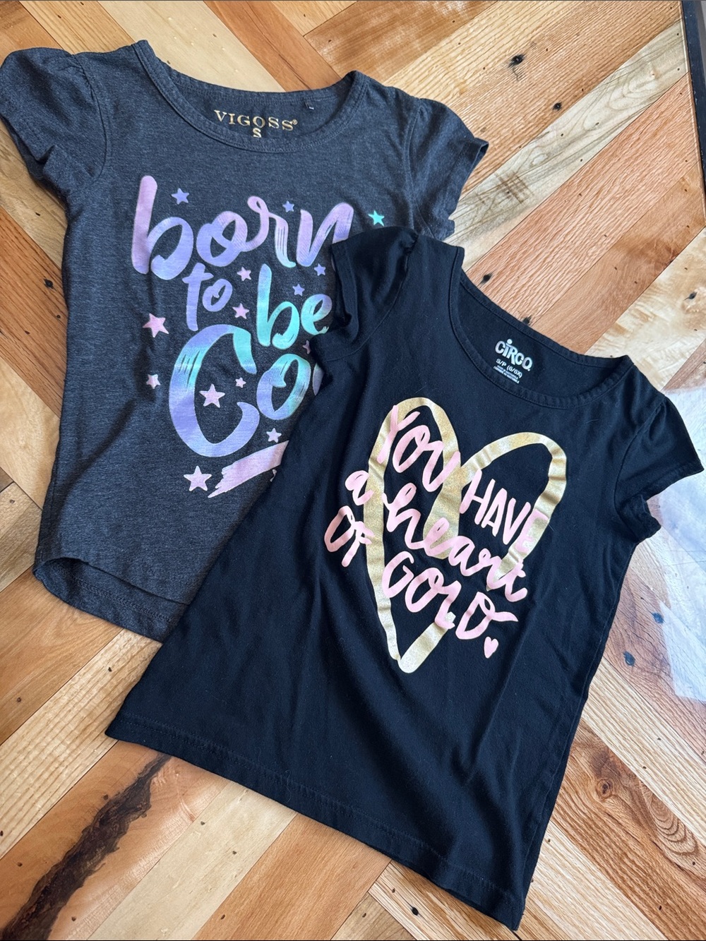 Grey & Black Short Sleeve Tees with Gold Heart and Pink Script